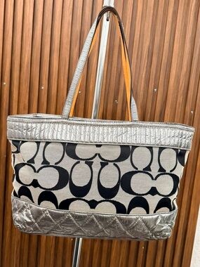 Coach Poppy Silver Quilted Metallic Signature Monogram Gray Black Tote #18676
